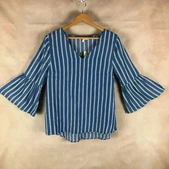 APPRAISAL Bell Sleeve Striped Blue Chambray Top NWT SMALL - Picture 4 of 12